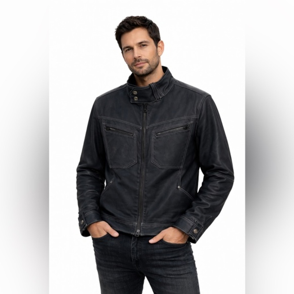 Brooklyn Industries Men’s Dark Grey Denim-Style Moto Jacket | Contrast Stitch